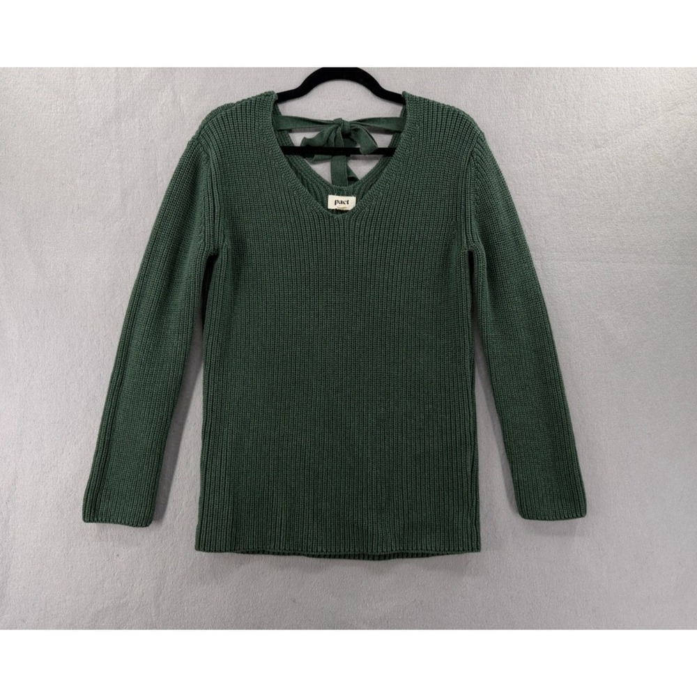 Pact Fisherman Sweater Womens S Green Ribbed Knit Tie-Back Organic Minimalist
